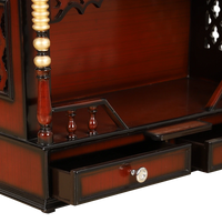 Sunanda Bhawan Medium Wall Mount Pooja Mandir/Wooden temple for home in Brown Gold color zoom view open drawers