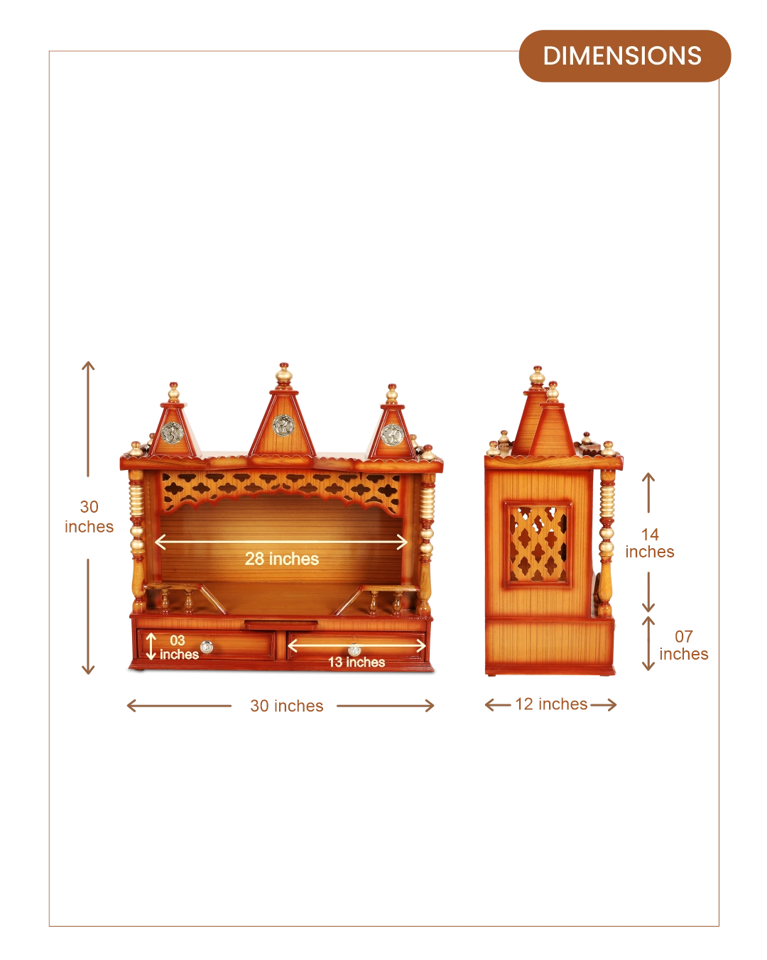 Sunanda Bhawan Medium Wall Mount Pooja Mandir without Door (Teak Gold)