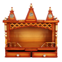 Sunanda Bhawan Medium Wall Mount Pooja Mandir/Wooden temple for home in Teak Gold color front view open drawers