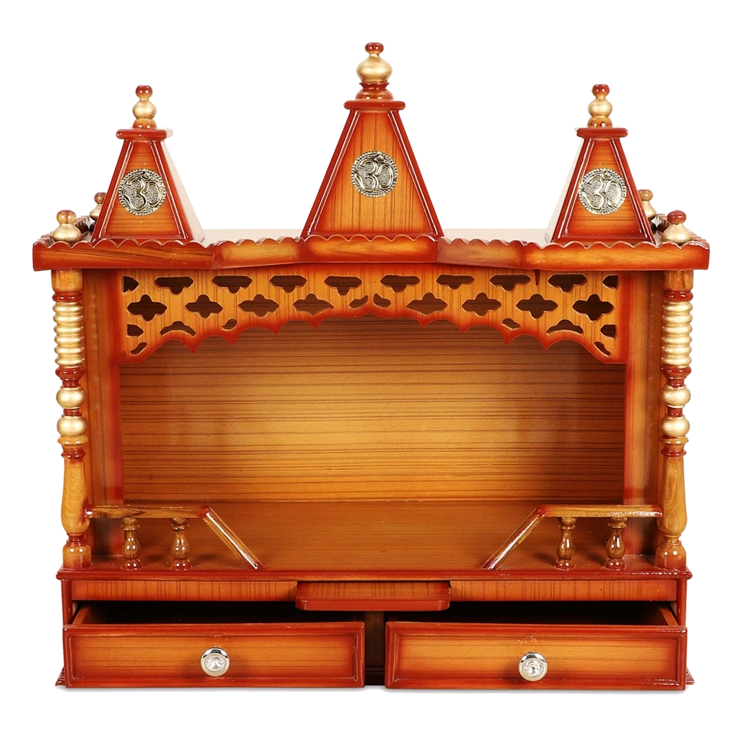 Sunanda Bhawan Medium Wall Mount Pooja Mandir/Wooden temple for home in Teak Gold color front view open drawers