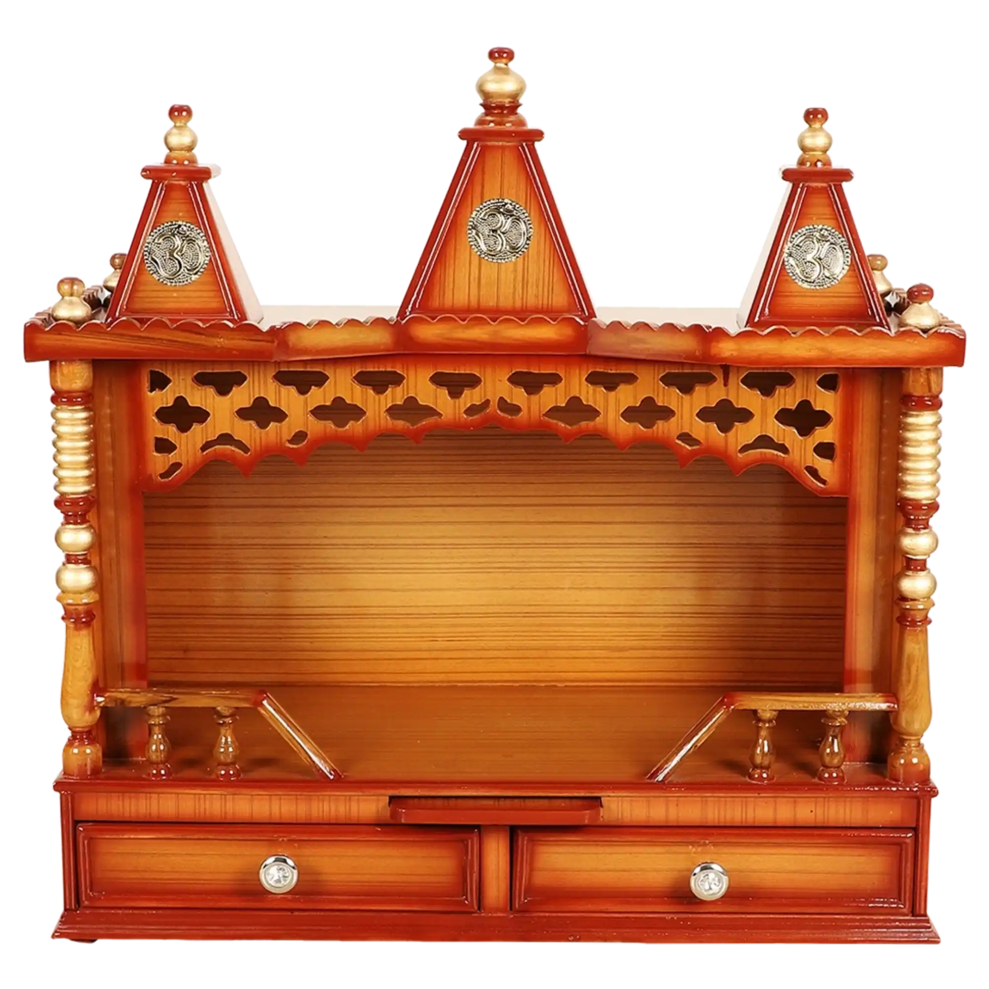 Sunanda Bhawan Medium Wall Mount Pooja Mandir/Wooden temple for home in Teak Gold color front view