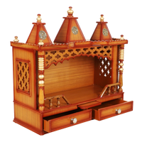 Sunanda Bhawan Medium Wall Mount Pooja Mandir/Wooden temple for home in Teak Gold color 45° side view open drawers