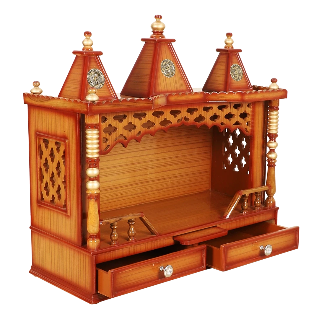 Sunanda Bhawan Medium Wall Mount Pooja Mandir/Wooden temple for home in Teak Gold color 45° side view open drawers