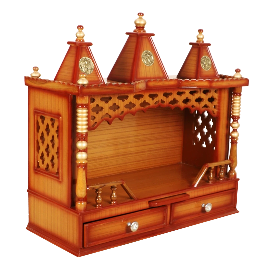Sunanda Bhawan Medium Wall Mount Pooja Mandir/Wooden temple for home in Teak Gold color 45° side view