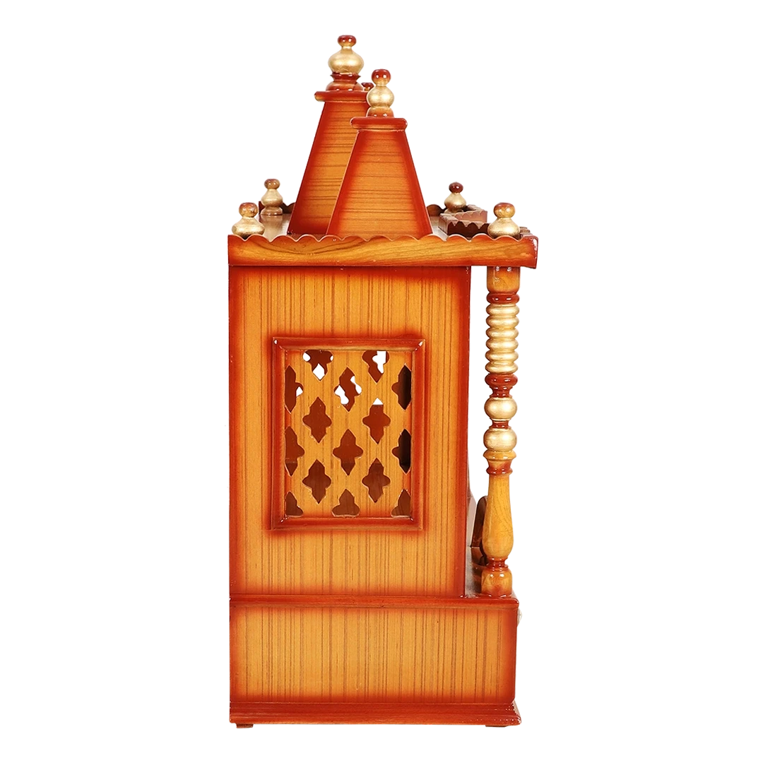 Sunanda Bhawan Medium Wall Mount Pooja Mandir/Wooden temple for home in Teak Gold color side view featuring jali design and Pillars