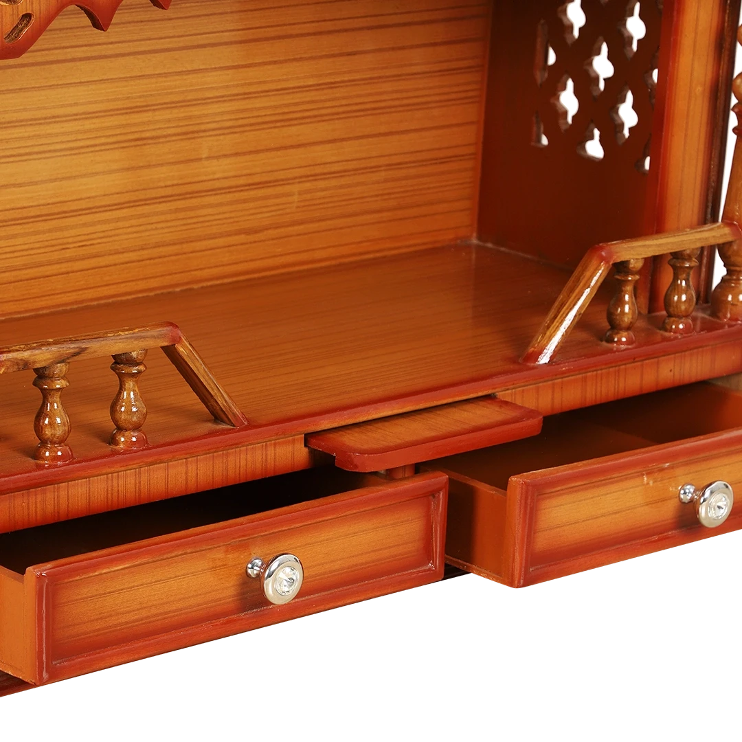 Sunanda Bhawan Medium Wall Mount Pooja Mandir/Wooden temple for home in Teak Gold color zoom view open drawers