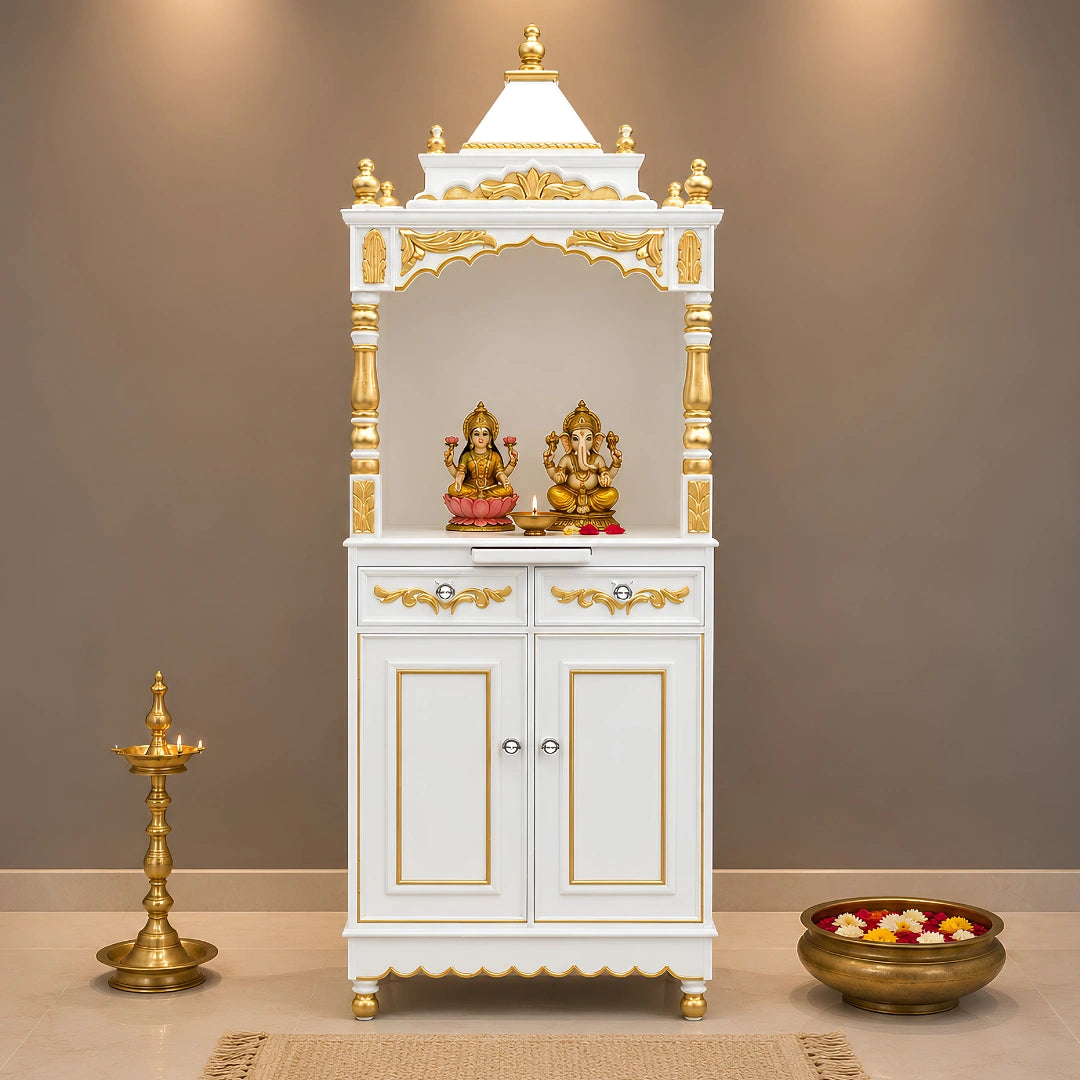 Suramya Floor Rested Pooja Mandap (White Gold) Lifestyle Image