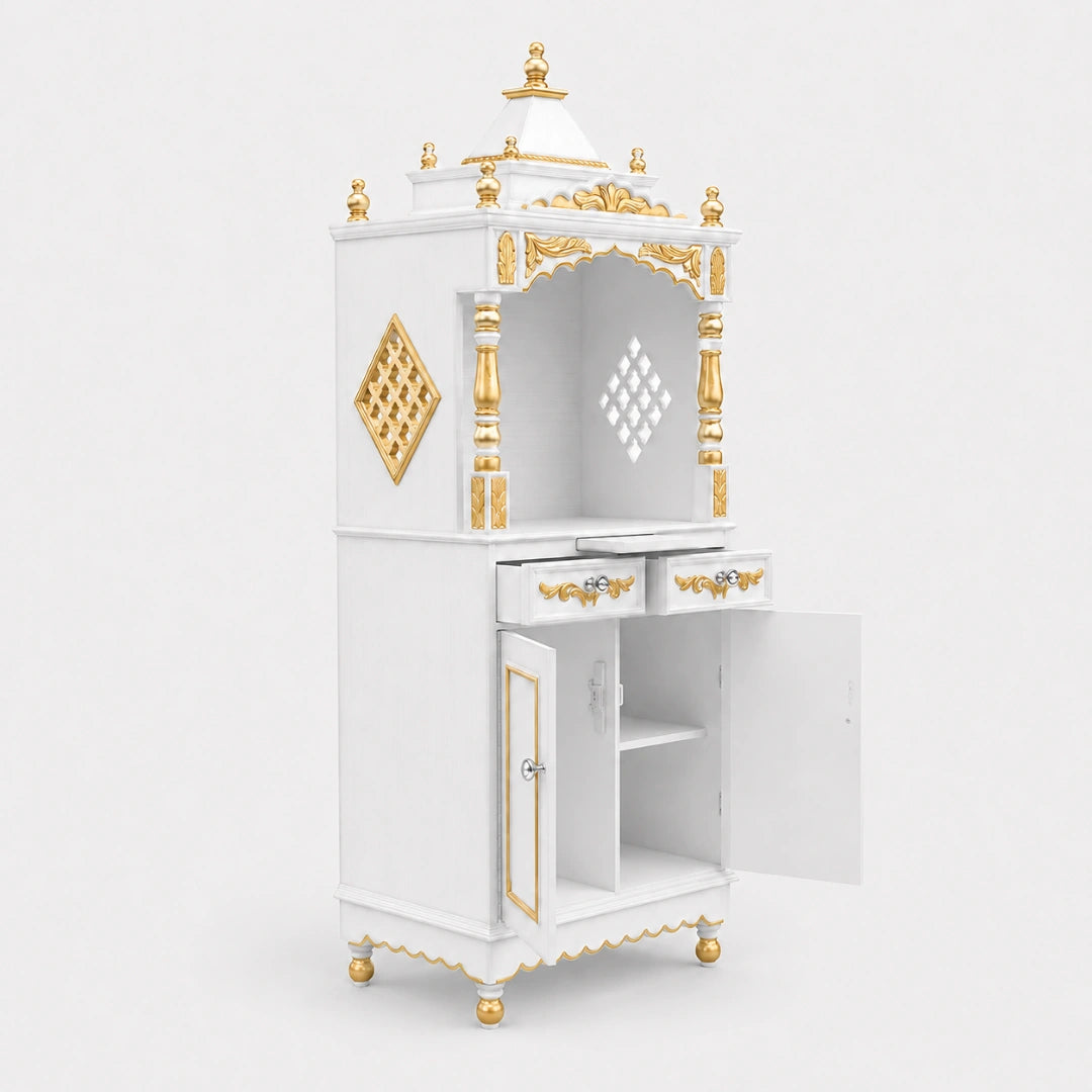 Suramya Floor Rested Pooja Mandap (White Gold) Side View Open Drawer