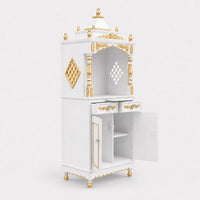 Suramya Floor Rested Pooja Mandap (White Gold) Side View Open Drawer