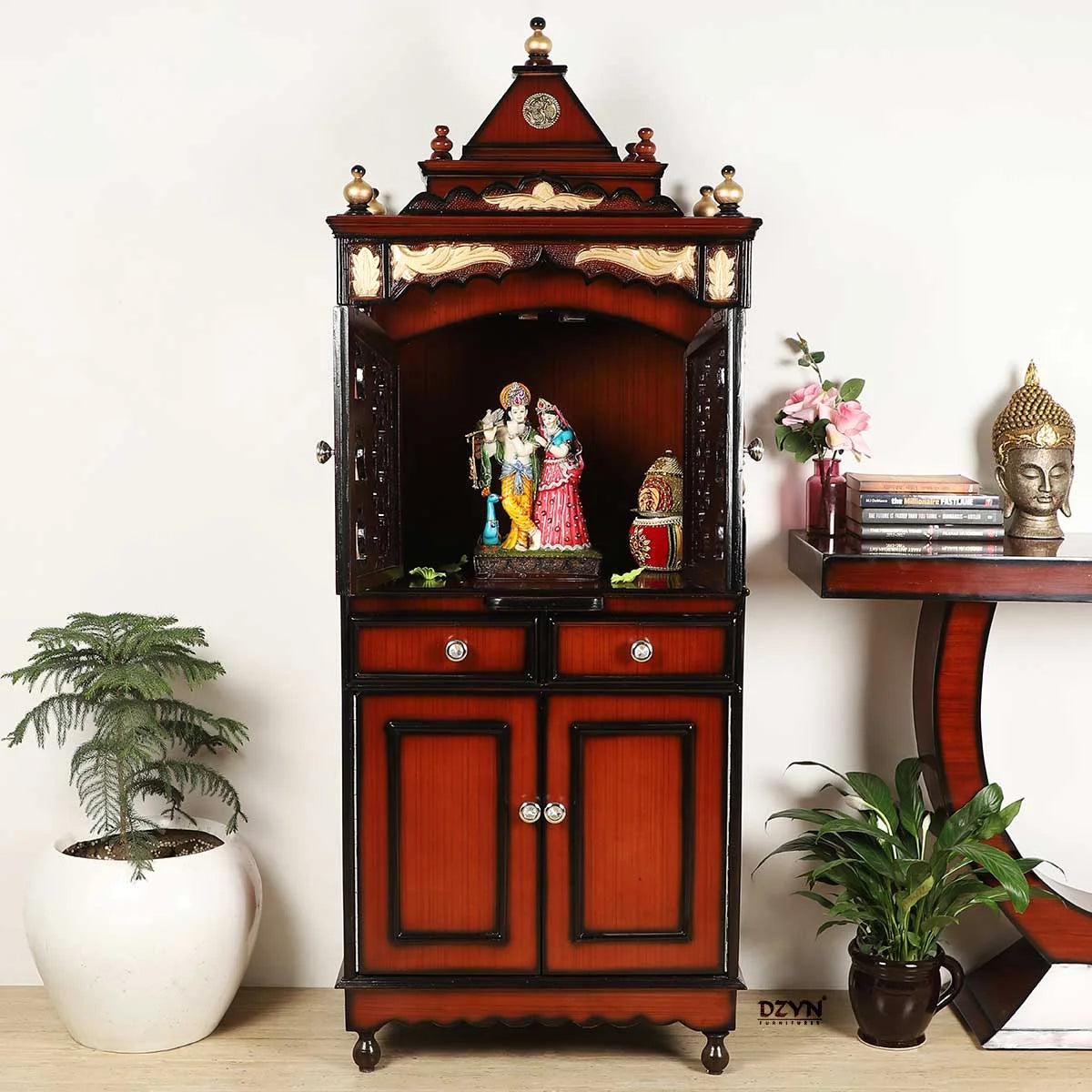 Suramya Floor Rested Pooja Mandap with Door (Brown Gold) Lifestyle view