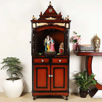 Suramya Floor Rested Pooja Mandap with Door (Brown Gold) Lifestyle view