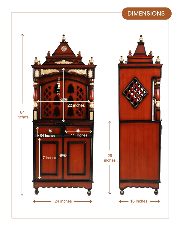 Suramya Floor Rested Pooja Mandap with Door (Brown Gold) dimensions