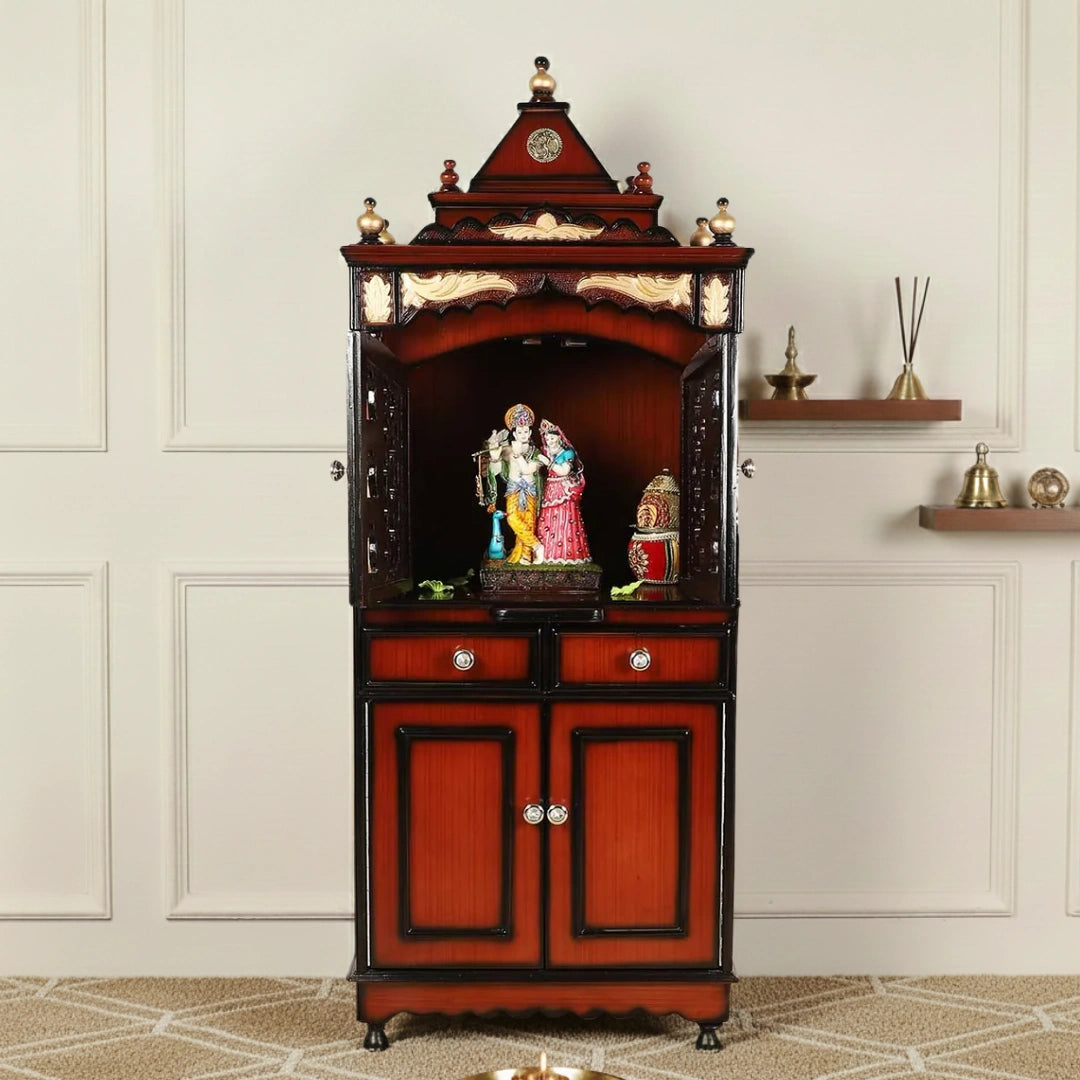 Teak pooja mandap with doors in a family home