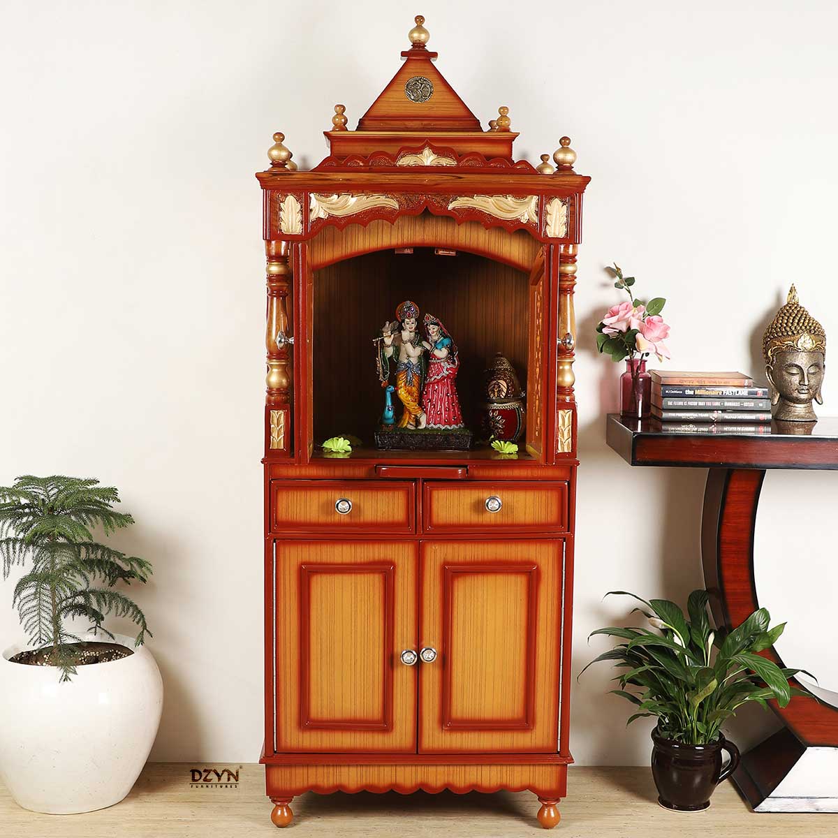 Suramya Floor Rested Pooja Mandap with Door (Teak Gold) Lifestyle view