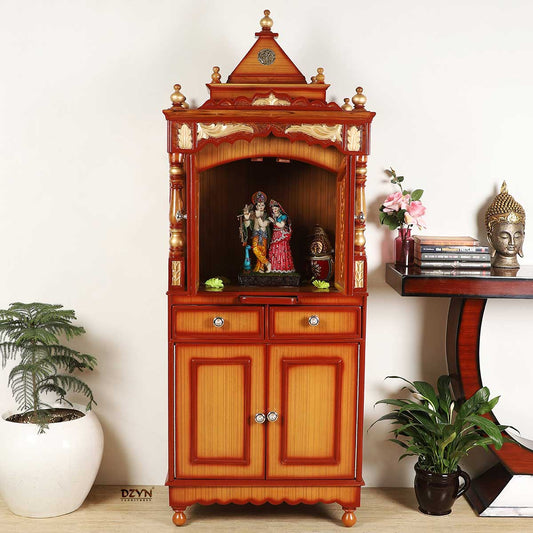 Suramya Floor Rested Pooja Mandap with Door (Teak Gold) Lifestyle view