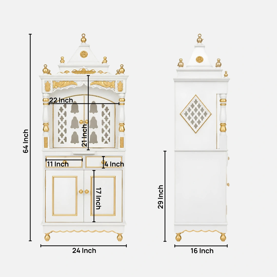 Suramya Floor Rested Pooja Mandap with Door (White Gold) Dimensions