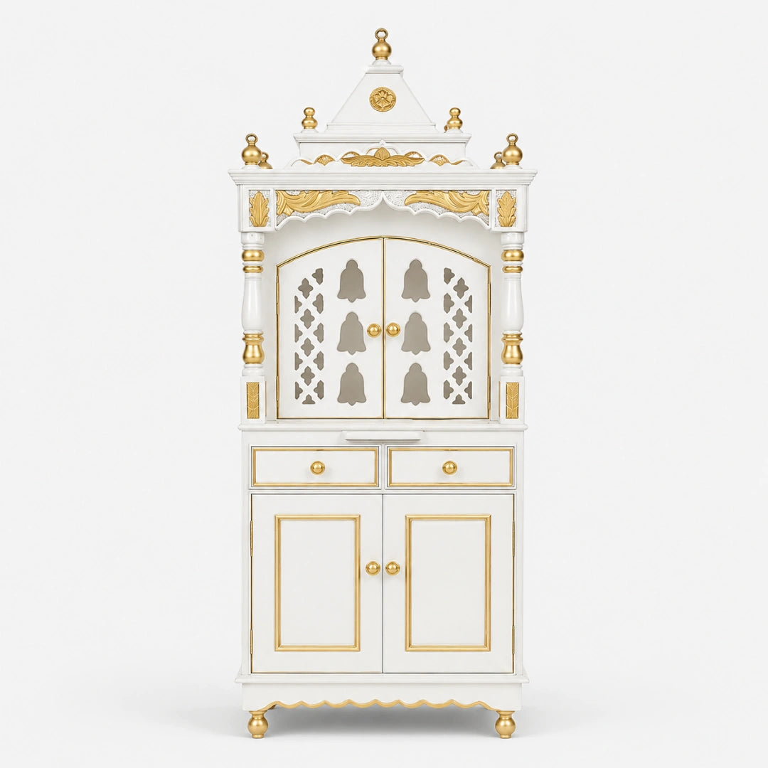 Suramya Floor Rested Pooja Mandap with Door (White Gold) Front Image