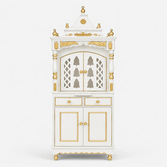 Suramya Floor Rested Pooja Mandap with Door (White Gold) Front Image