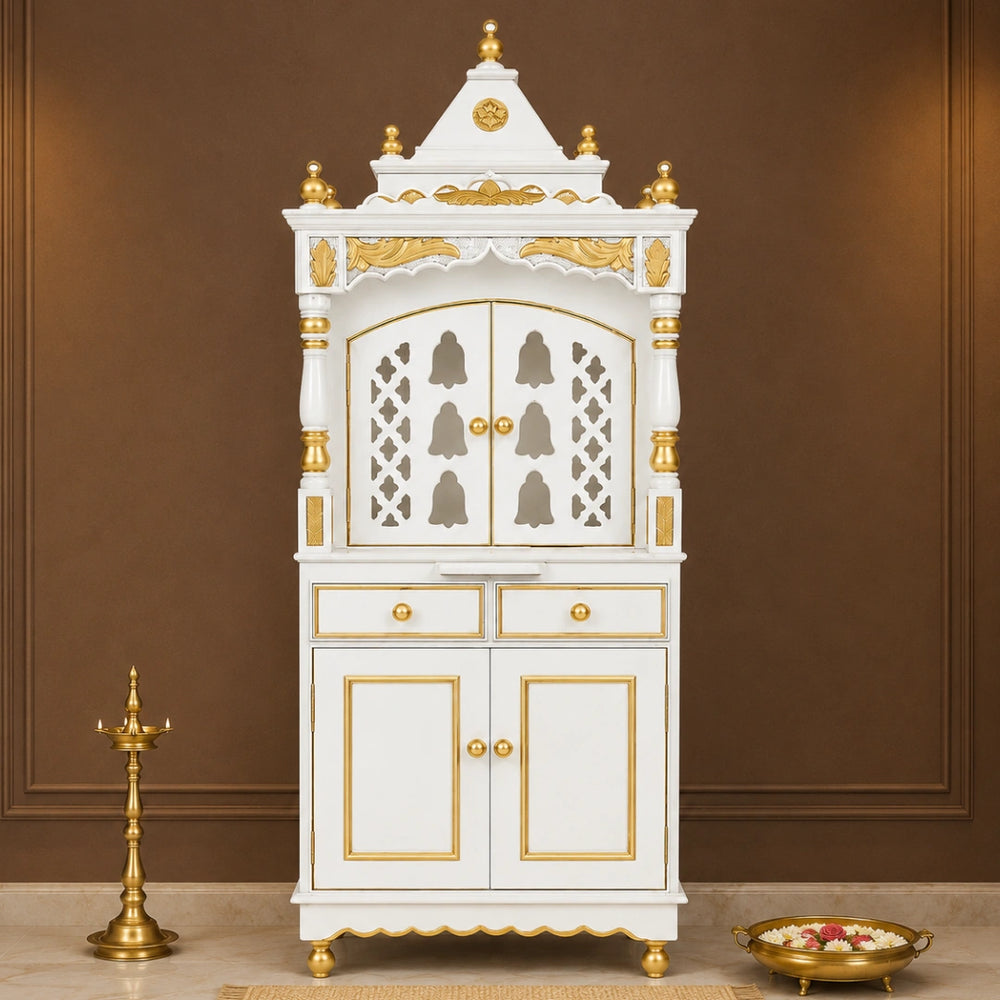 Suramya Floor Rested Pooja Mandap with Door (White Gold) Lifestyle Image
