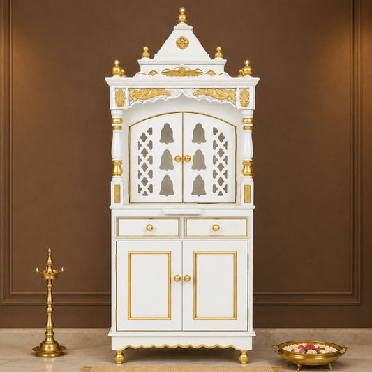 Suramya Floor Rested Pooja Mandap with Door (White Gold) Lifestyle Image