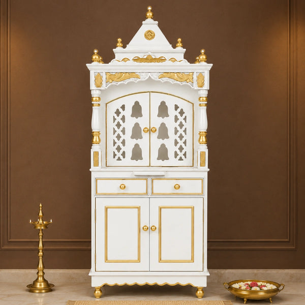 Suramya Floor Rested Pooja Mandap with Door (White Gold) Lifestyle Image