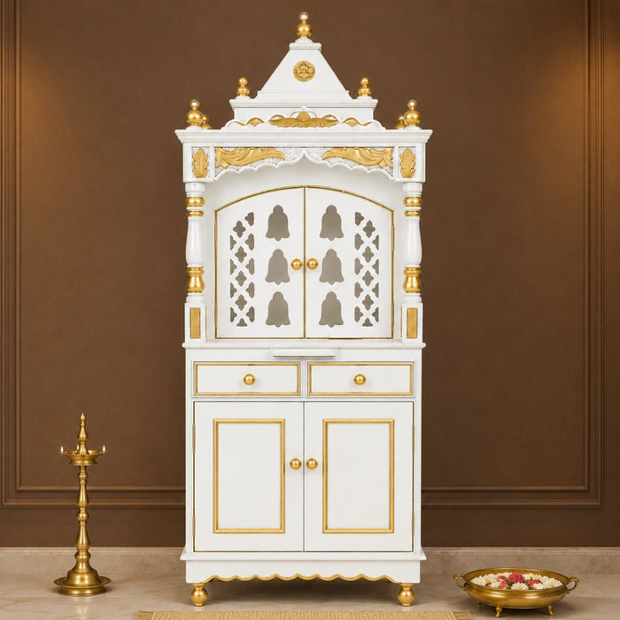 Suramya Floor Rested Pooja Mandap with Door (White Gold)