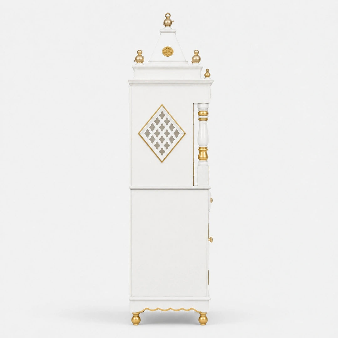 Suramya Floor Rested Pooja Mandap with Door (White Gold) Side Angle