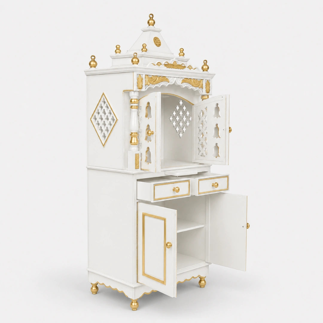 Suramya Floor Rested Pooja Mandap with Door (White Gold) Side View Open Drawers