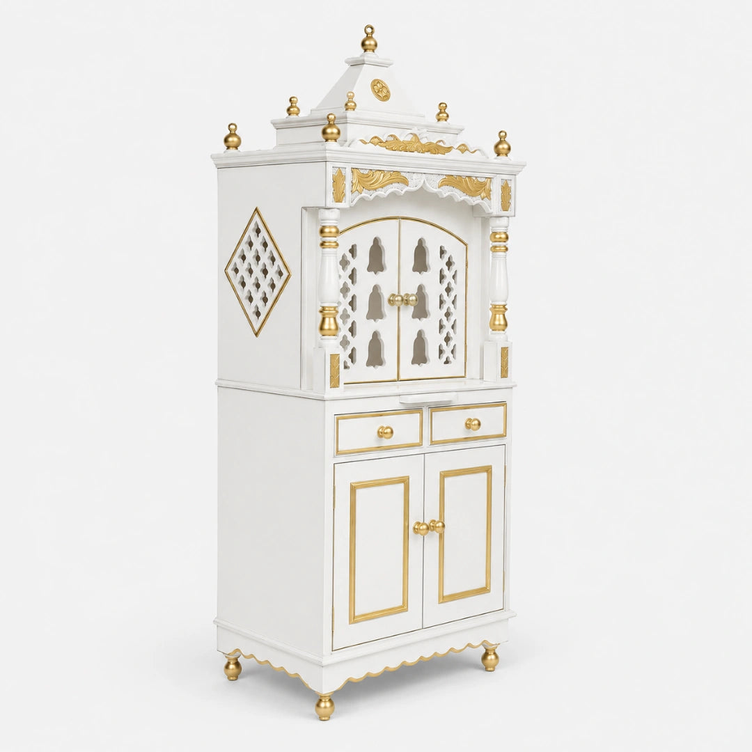 Suramya Floor Rested Pooja Mandap with Door (White Gold) Side View
