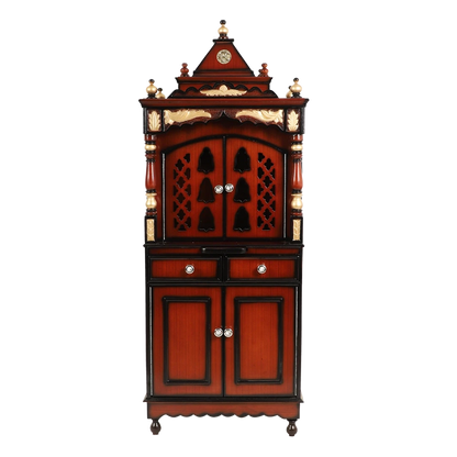 Suramya Floor Rested Pooja Mandir/Wooden temple with doors for home in Brown Gold color front view