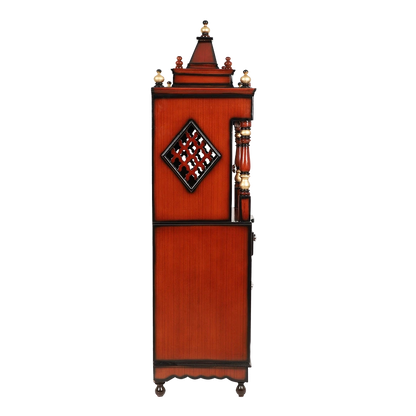 Suramya Floor Rested Pooja Mandir/Wooden temple with doors for home in Brown Gold color side view featuring jali design and Pillars