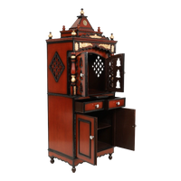 Suramya Floor Rested Pooja Mandir/Wooden temple with doors for home in Brown Gold color 45° side view open drawers