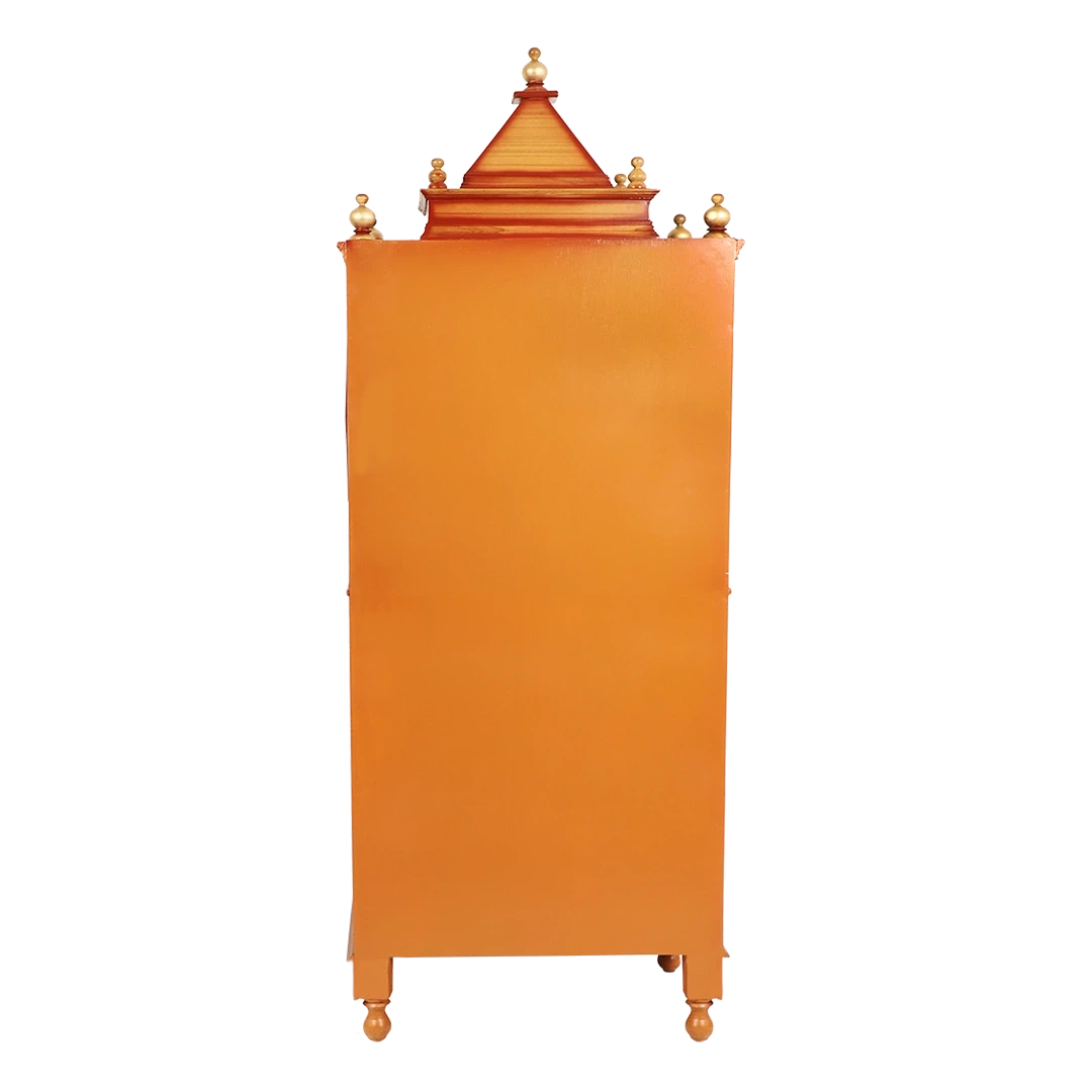 Suramya Floor Rested Pooja Mandir/Wooden temple with doors for home in Teak Gold color back view