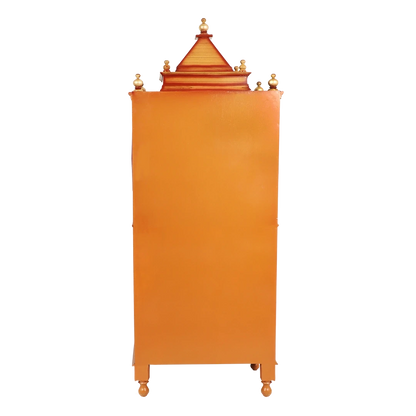 Suramya Floor Rested Pooja Mandir/Wooden temple with doors for home in Teak Gold color back view