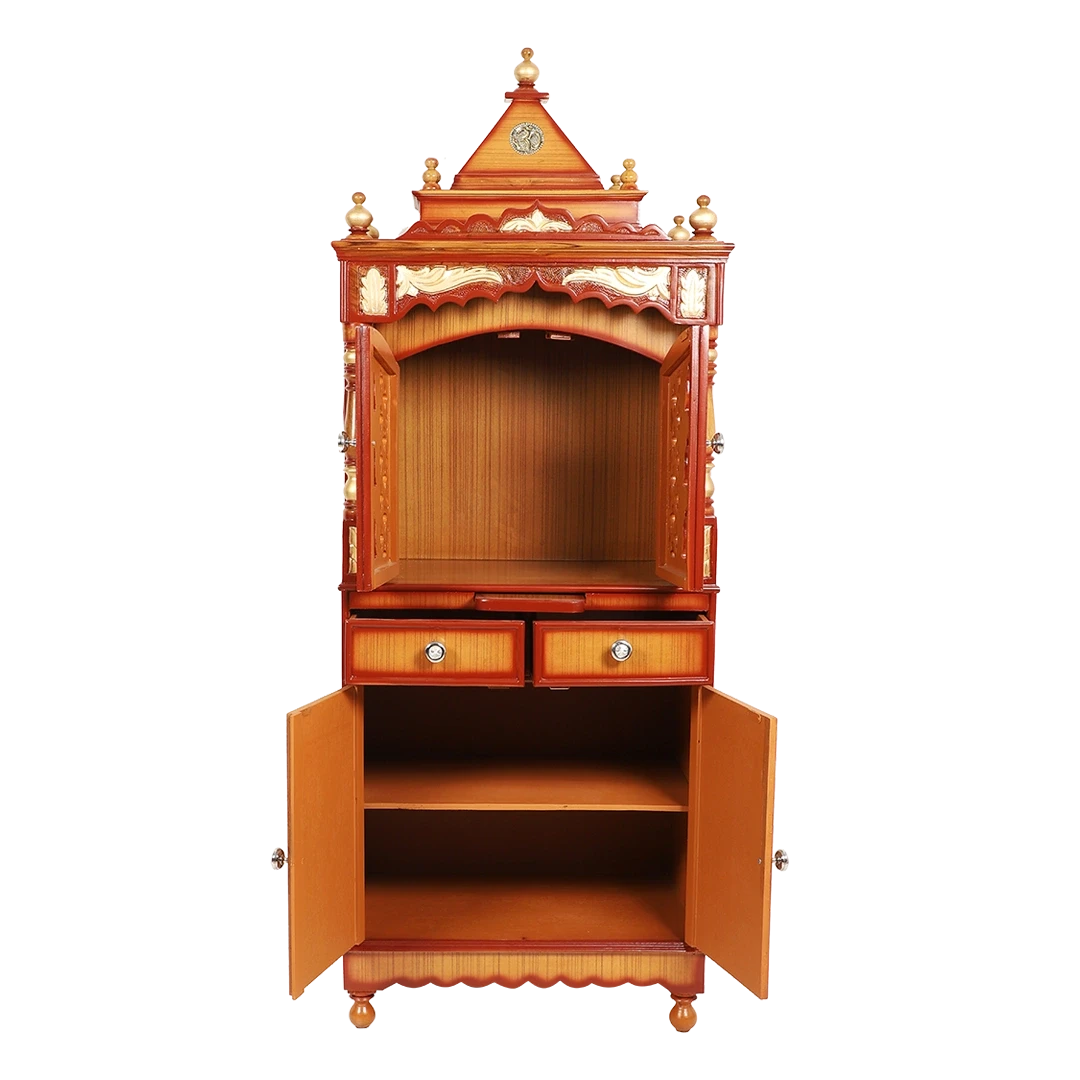 Suramya Floor Rested Pooja Mandir/Wooden temple with doors for home in Teak Gold color front view open drawers