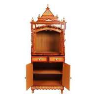Suramya Floor Rested Pooja Mandir/Wooden temple with doors for home in Teak Gold color front view open drawers