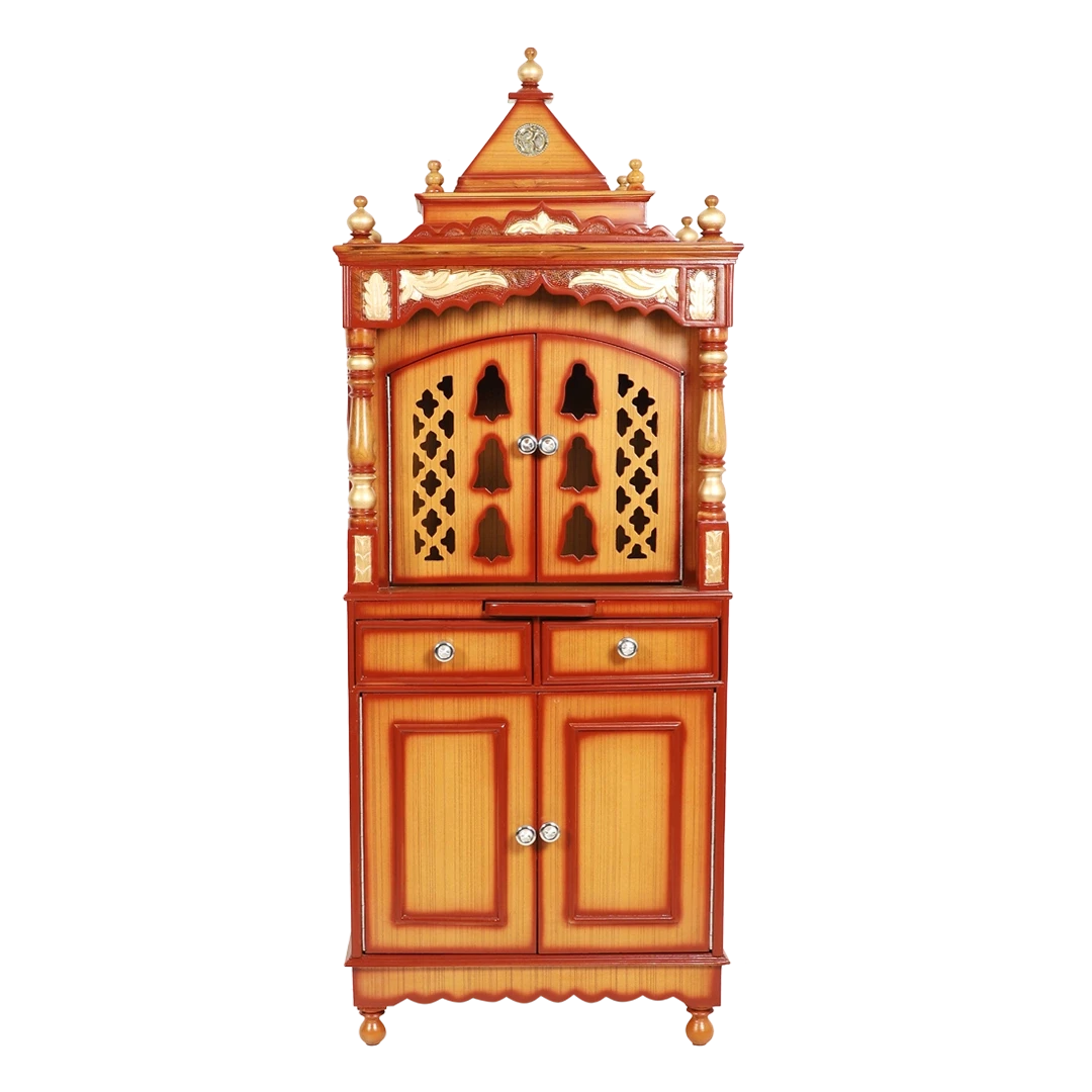 Suramya Floor Rested Pooja Mandir/Wooden temple with doors for home in Teak Gold color front view