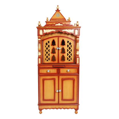 Suramya Floor Rested Pooja Mandir/Wooden temple with doors for home in Teak Gold color front view