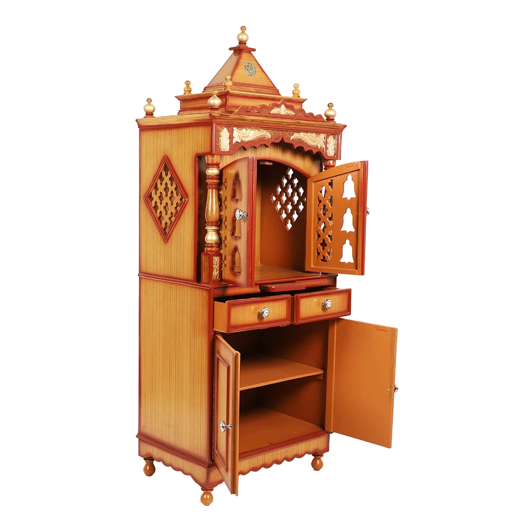 Suramya Floor Rested Pooja Mandir/Wooden temple with doors for home in Teak Gold color 45° side view open drawers
