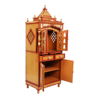 Suramya Floor Rested Pooja Mandir/Wooden temple with doors for home in Teak Gold color 45° side view open drawers
