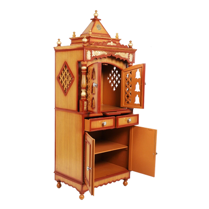 Suramya Floor Rested Pooja Mandir/Wooden temple with doors for home in Teak Gold color 45° side view open drawers