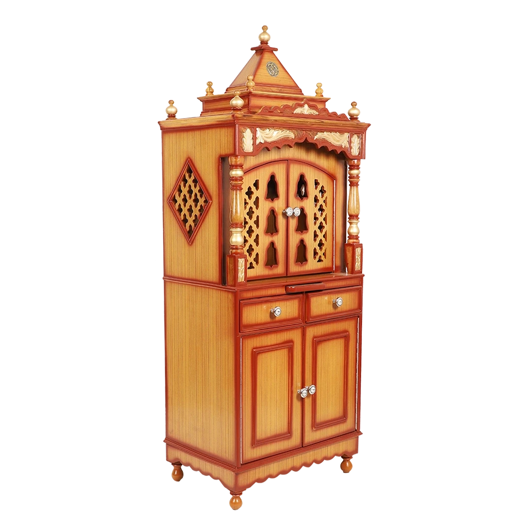 Suramya Floor Rested Pooja Mandir/Wooden temple with doors for home in Teak Gold color 45° side view