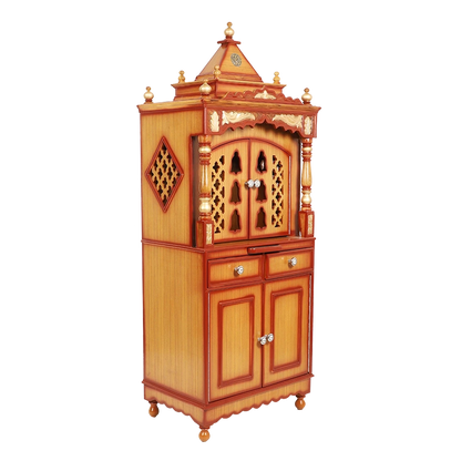Suramya Floor Rested Pooja Mandir/Wooden temple with doors for home in Teak Gold color 45° side view