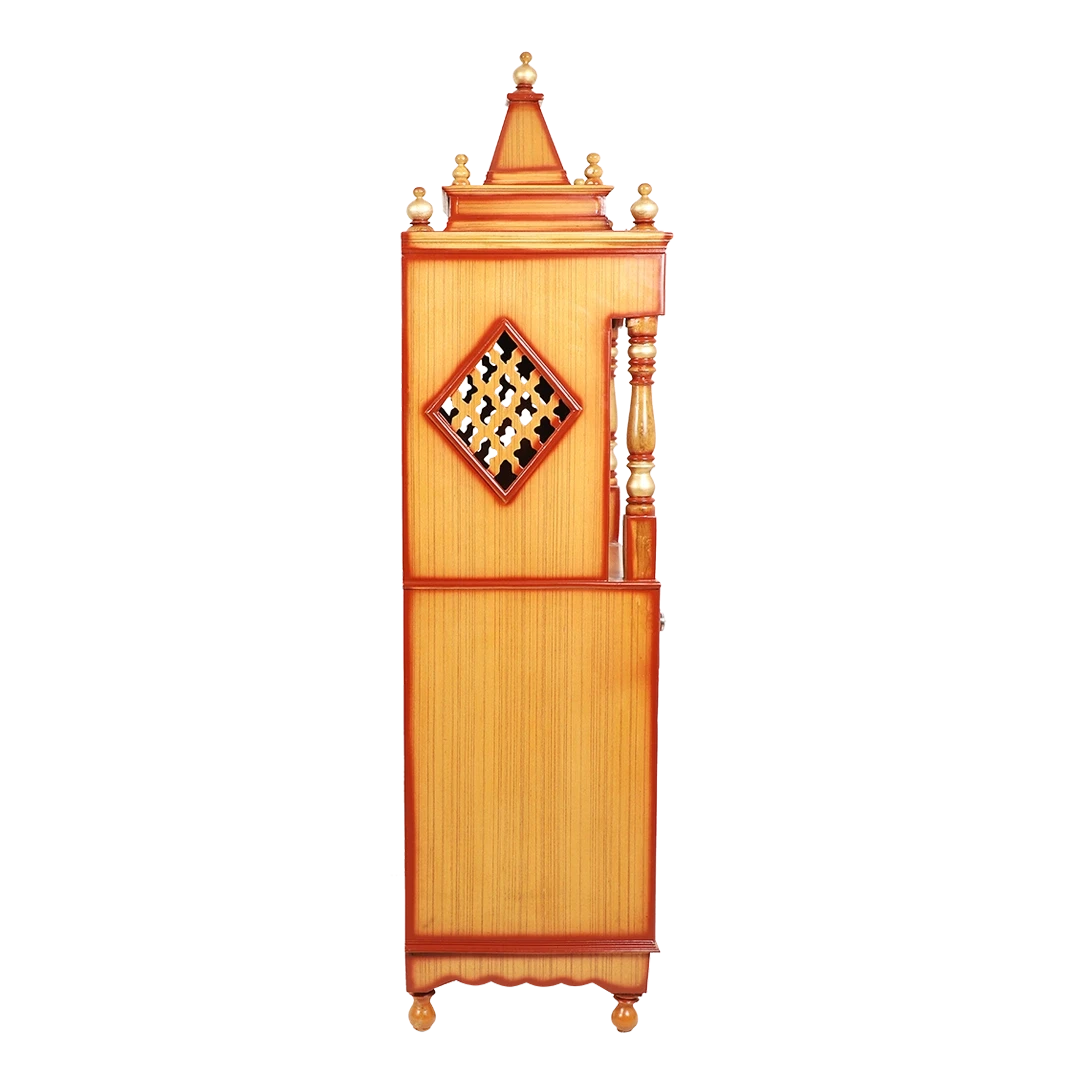 Suramya Floor Rested Pooja Mandir/Wooden temple with doors for home in Teak Gold color side view featuring jali design and Pillars
