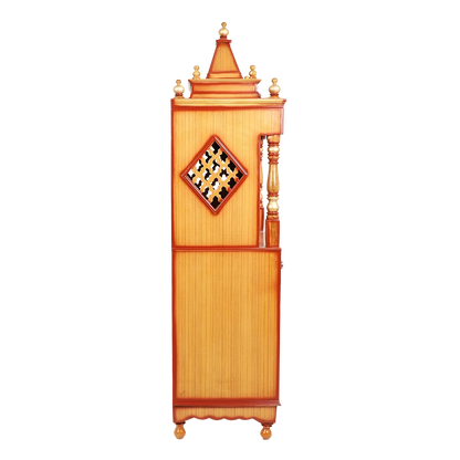Suramya Floor Rested Pooja Mandir/Wooden temple with doors for home in Teak Gold color side view featuring jali design and Pillars