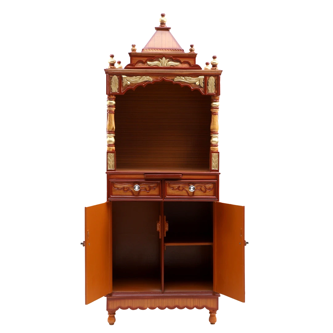 Suramya Floor Rested Pooja Mandir without Door/Wooden temple for home in Teak Gold color front view open drawers