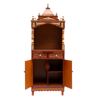 Suramya Floor Rested Pooja Mandir without Door/Wooden temple for home in Teak Gold color front view open drawers