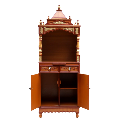 Suramya Floor Rested Pooja Mandir without Door/Wooden temple for home in Teak Gold color front view open drawers