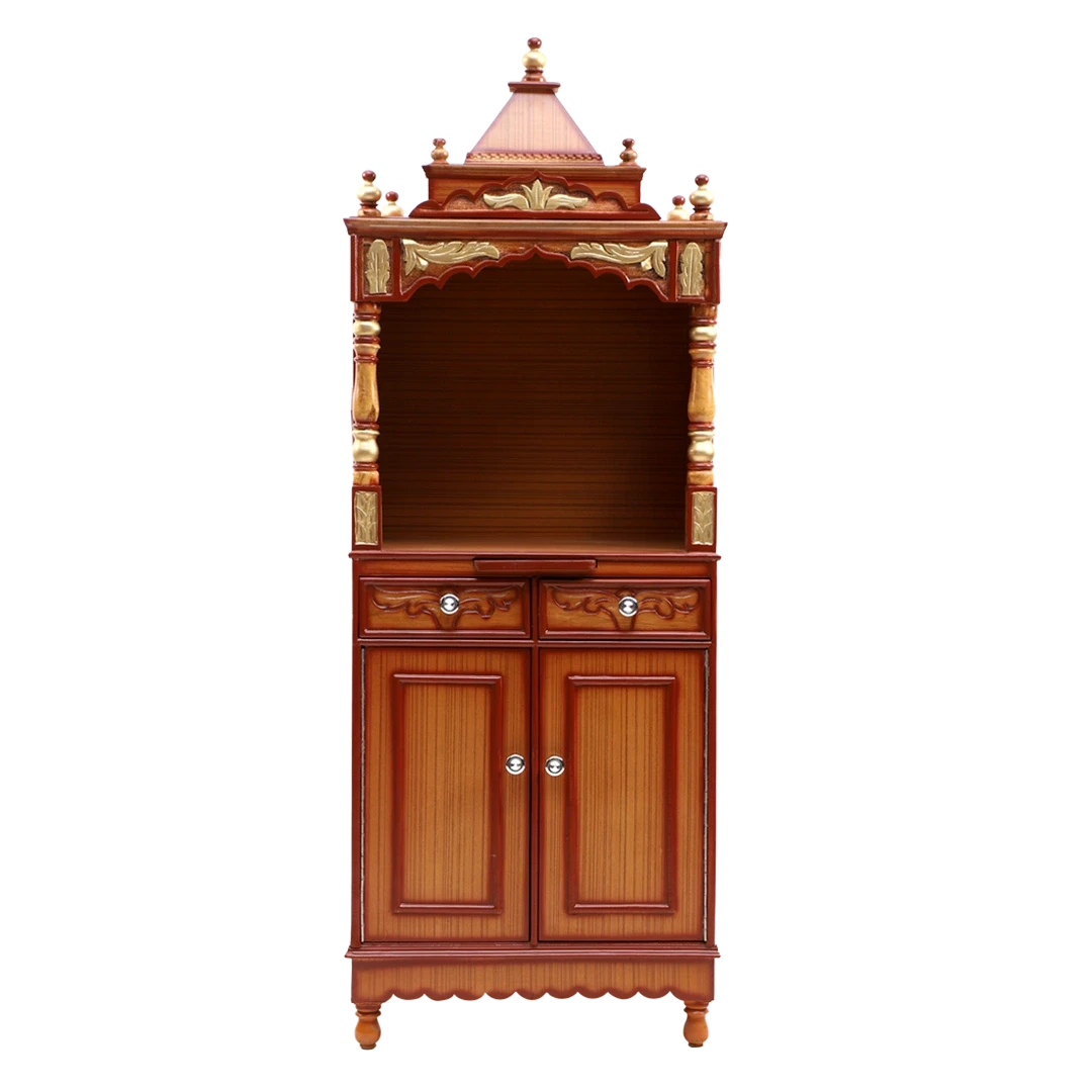 Suramya Floor Rested Pooja Mandir without Door/Wooden temple for home in Teak Gold color front view