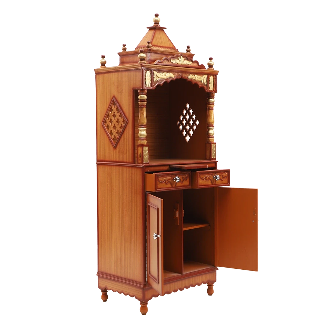 Suramya Floor Rested Pooja Mandir without Door/Wooden temple for home in Teak Gold color 45° side view open drawers